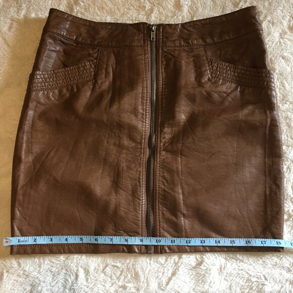 Cognac Vegan Leather Zip Up High Waist Mini Skirt - Picture 15 of 16